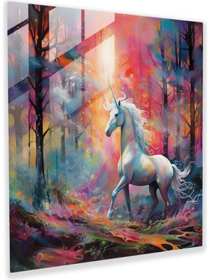 Popcas Tek Renkli Soyut Resim - Unicorn Cam Tablo Modern Sanat