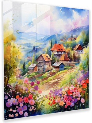 Popcas Canlı Köy Cam Tablo - Köy Büyüleyici Evler Cam Tablo Cam Duvar Sanatı