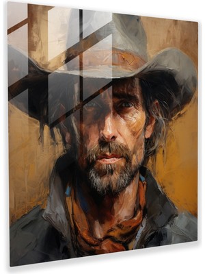 Popcas Derin Duygusal Cam Tablo: Hava Almış Kovboy Yüzü Dramatik Yakın Çekimde - Sanatsal Duvar Dekoru