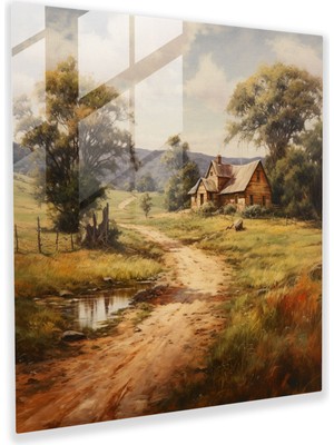 Popcas Kır Evi Yağlı Boya Cam Tablo - Kırsal Köy Kır Evi