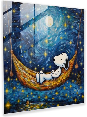 Popcas Snoopy Yıldızlı Gece Cam Tablo - Huzur ve Sükûnet