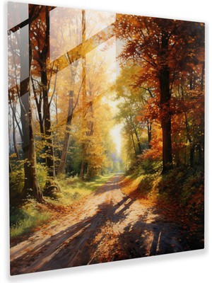 Popcas Rustik Ülke Yolu - Sonbahar Yolu - Rustik Cam Sanat Cam Tablo Uzun Ağaçlar