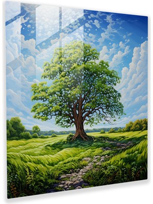 Popcas Huzurlu Yaşam Ağacı Cam Tablo - Yaşam Ağacı Izlenimci Resim Ev Dekorasyonu Yemyeşil Tarla