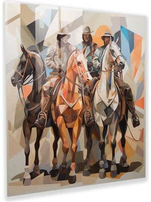 Popcas Detaylı Kübist Cam Tablo: Kowboylar ve Atlar Geometrik Parçalarda - Benzersiz Duvar Sanatı Dekoru