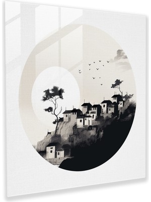 Popcas Siluet Köyü Cam Tablo - Köy Ev Dekorasyonu Cam Duvar Sanatı Siluet