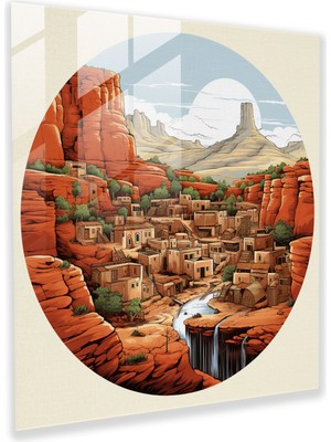 Popcas Güneybatı Pueblo Cam Tablo - Güneybatı Kırmızı Kaya Cam Duvar Sanatı Cam Sanatı