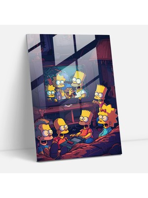 Popcas Çizgi Film Ailesi Cam Tablo - Aile Eğlencesi - The Simpsons Duvar Süsü Cam Sanatı Ev Dekorasyonu