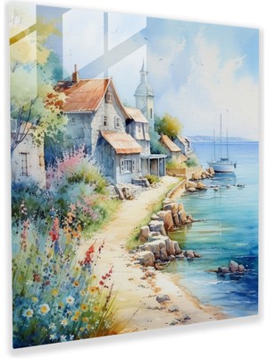 Popcas Kıyı Köyü Cam Duvar Sanatı - Köy Duvar Dekorasyonu Ev Dekorasyonu Cam Duvar Sanatı