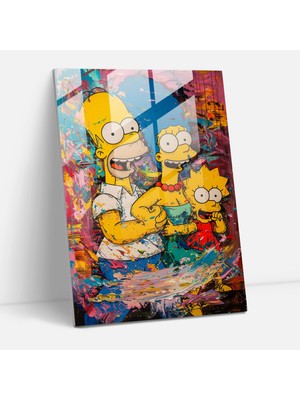 Popcas Cam Tablo - Soyut Renkli Simpson Ailesi - The Simpsons Ev Dekorasyonu Soyut Tablo Renkli