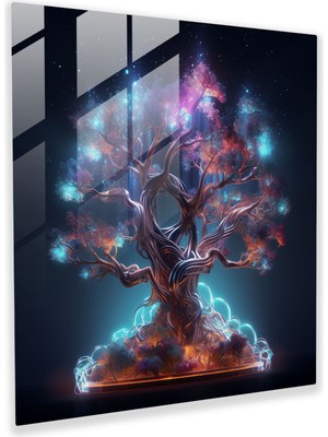 Popcas Gelecek Temalı Yaşam Ağacı Cam Tablo - Yaşam Ağacı Cam Sanat Duvar Dekorasyonu Cam Duvar Sanatı