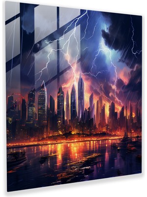 Popcas Fırtınalı Şehir Cam Tablo - Fırtına Duvar Dekorasyonu Modern Sanat Cam Sanatı