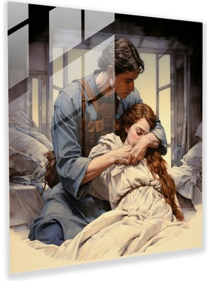 Popcas Çiçek Desenli Huzur Cam Tablo - Yaralı Askerlerle Hemşire - Art Nouveau Illüstrasyon Cam Duvar Sanatı