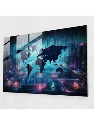 Popcas Dünya Haritası Cam Duvar Sanatı - Dünya Haritası 2 Neon Işıklar Modern Sanat
