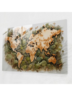 Popcas Dünya Haritası Cam Duvar Sanatı - Dünya Haritası 2 Doğadan Ilham Alan Sanat Eseri Cam Sanat Toprak Tonları