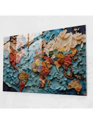 Popcas Dünya Haritası Cam Duvar Sanatı - Modern Kolaj Dünya Haritası - Dünya Haritası 2 Dokular Farklı Dokunuş Cam Sanatı