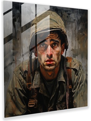 Popcas Yorgun Asker Portresi Cam Tablo - Ruhun Yükü - Ifadeci Portre Duvar Sanatı