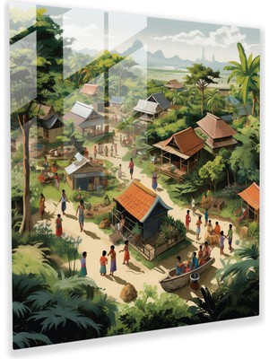 Popcas Köy Temalı Cam Tablo - Modern Grafik Illüstrasyon Ev Dekorasyonu Sıkı Bağlar