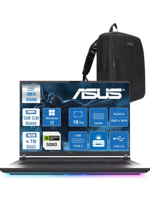 Asus Rog Strix G18 G815JMR Intel Core I9 14900HX 128GB 2tb Ssd+2tb 8GB/RTX5060 115W Gddr7 18" 2.5k (2560 x 1600, Wqxga) 240Hz 3ms Windows 11 Pro Taşınabilir BILGISAYARZS9035P46128G + Zettaçanta