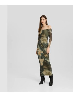 Allbucks Bershka, Degaje Yaka Uzun Kollu Batik Desen Uzun Midi Tül Elbise ABBRS0031