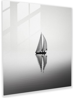 Popcas Yelkenli Cam Tablo - Yelkenli Cam Sanatı Duvar Dekorasyonu Siyah ve Beyaz