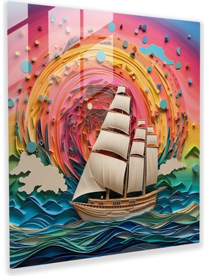 Popcas Kağıt Yelkenler Cam Tablo - Yelkenli Tekne Duvar Dekorasyonu Cam Duvar Sanatı