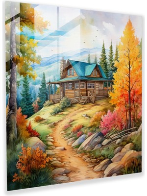 Popcas Rustik Suluboya Kabin Cam Tablo - Rustik Kabin Cam Sanat Modern Sanat