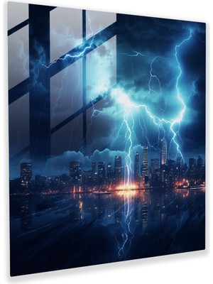 Popcas Şehir Aydınlatması - Cam Tablo Sanatı - Fırtına Cam Tablo Şehir Manzarası Şimşek Fırtınası