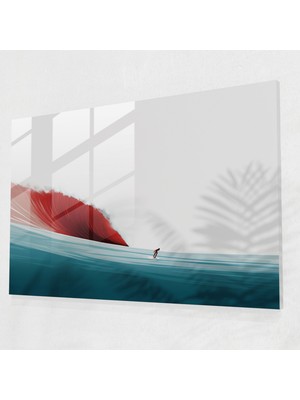 Popcas Sörf Ev Dekorasyonu - Sörf Büyük Dalga Cam Tablo Sörfçü