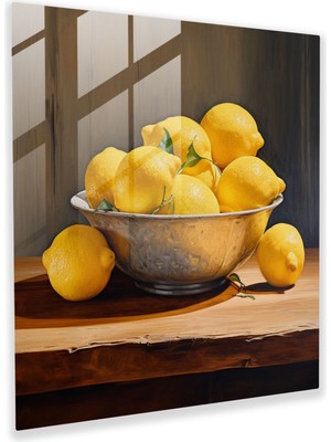 Popcas Rustik Limonlar Cam Tablo Baskı: Natürmort Rustik Ahşap Masa Cam Sanat Limon Kasesi