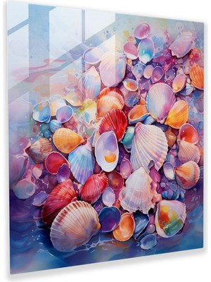 Popcas Sahil Kabukları Cam Tablosu: Hala Yaşam Sahil Atmosferi Deniz Kıyısı Canlı Renkler