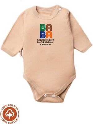 Unisex Bebek %100 Pamuklu Baba Baskılı 3-6-9-12 Ay Bebek Body Ekru Badi Zıbın