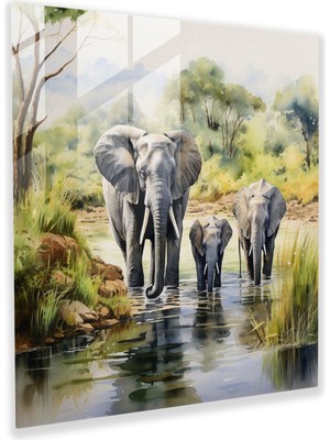 Popcas Vahşi Yaşam Cam Tablo Sanatı - Sessiz Nehir Kenarında Fil Ailesi - Vahşi Yaşam Sessiz Nehir Suluboya Sanatı Duvar Dekorasyonu