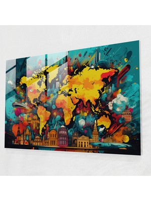 Popcas Dünya Haritası Cam Tablo - Pop Art Dünya - Modern Dönem Dünya Haritası Cam Tablo