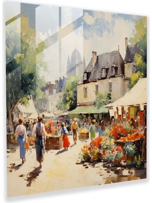 Popcas Köy Pazarı Cam Tablo Baskı - Canlı Köy Temalı Ev Dekorasyonu