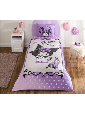 Taç Kuromi Lisanslı Ranforce Çarşafı Lastikli Tek Kişilik Nevresim Takımı-Lila Beyaz