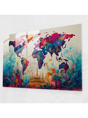 Popcas Dünya Haritası Temalı Cam Duvar Sanatı - Dünya Haritası 2 Cam Duvar Sanatı Duvar Dekorasyonu