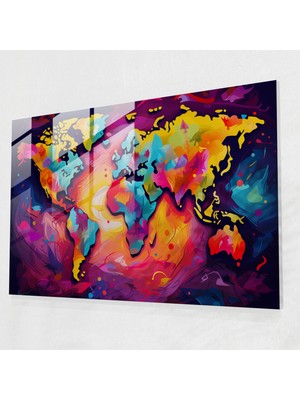 Popcas Dünya Haritası Cam Tablo - Pop Art Dünya Haritası - Dünya Haritası 2 Cam Duvar Sanatı Modern Dokunuş Modern Sanat
