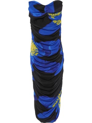 Straplez Desenli Midi Elbise Mavi