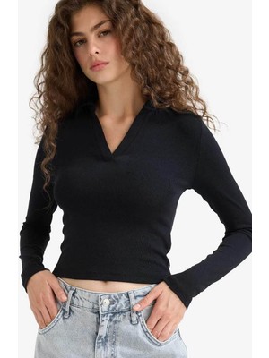 Defacto Fitted Polo Yaka Basic Düz Modal Siyah Kadın Uzun Kollu T-Shirt E7938AX/BK81