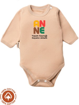 Unisex Bebek %100 Pamuklu Anne Baskılı 3-6-9-12 Ay Bebek Body Ekru Badi Zıbın