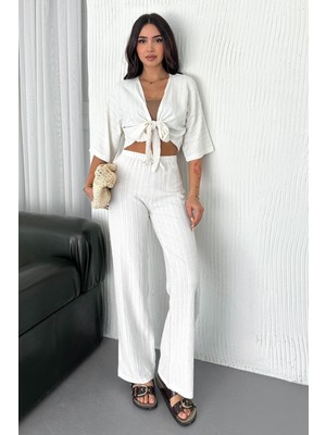 Kadın Bağlamalı Crop Bluz & Çizgili Bol Paça Kimono Pantolon Takımı – Yazlık Şıklık