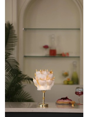 Gold Detaylı Eva Gül Tasarım Kablosuz Şarjlı Masa Lambası - Alt Uzun Parlak Gold