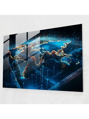 Popcas Neon Dünya Haritası Cam Tablo - Dünya Haritası 2 Neon Renkler Holografik Etki Modern Sanat