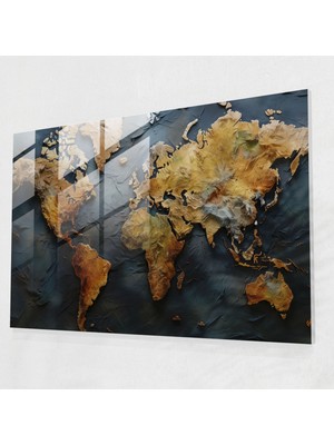 Popcas Dünya Haritası Cam Tablo - Gerçekçi Yağlı Dünya Haritası - Detaylı Dünya Haritası 2 Modern Sanat Canlı Renkler