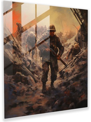 Popcas Efsanevi Izler Cam Tablo - Siperlerde Soyut Askerler - Modern Sanat Cam Duvar Tablosu