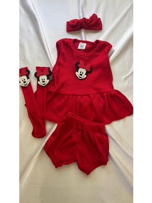 Kırmızı Ribana Çocuk Şort Bluz Bandana Miki Keçe Çorap Set -Bebek Hediyelik