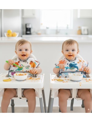 Yorni, 2 Adet, Ekonomik Set, 6-24AY, Zoo ve Sea Desen, Sıvı Geçirmeyen, Cepli, Cırtlı Mama Önlüğü, Önlük