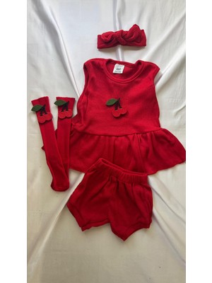 Kırmızı Ribana Bebek Şort Bluz Bandana Çorap Set -Bebek Hediyelik