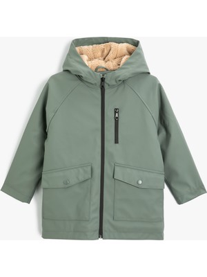 Kapşonlu Yağmurluk Peluş Astarlı Su Geçirmez Kapaklı Cepli
