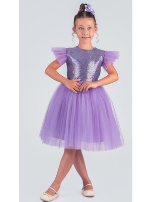 Mnk Baby & Kids MNK0526 Tüllü Kız Çocuk Elbise Lila Renkli Trend Silüet Düğün İçin Özel Tasarım